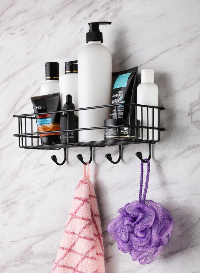 iSTAR GI Steel Self-Adhesive Multipurpose Bathroom Shelf with Hooks/Towel Holder/Rack/Bathroom Accessories-Wall Mount - (Black,Powder Coated) (Pack of 2) - Image 2